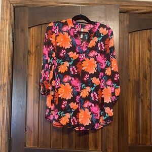 Floral V-Neck Blouse in Black with Pink & Orange Blooms